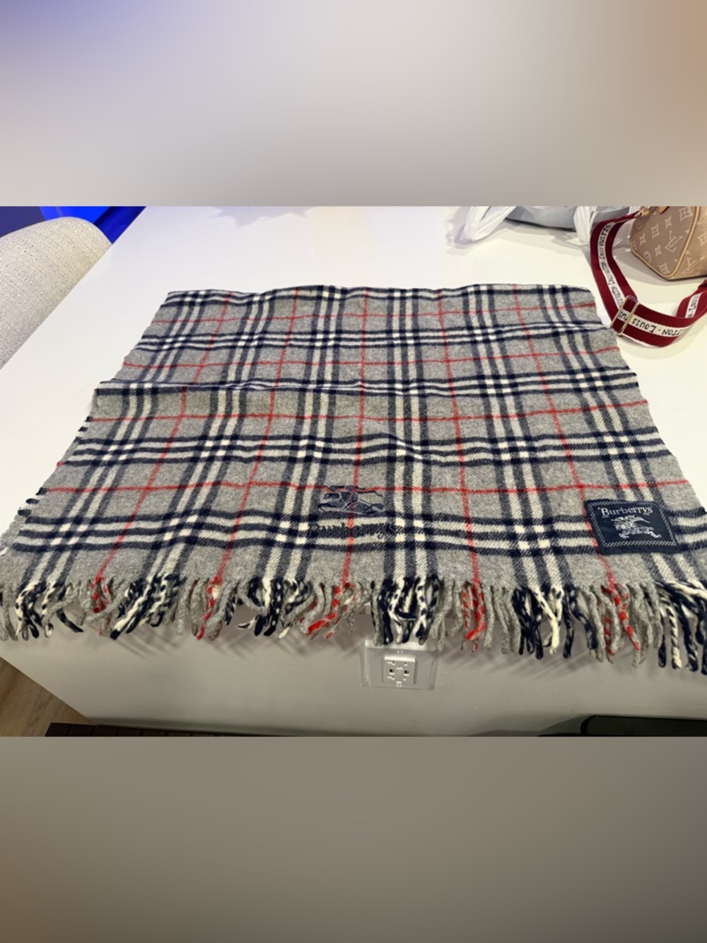 Vintage Burberry Fringe Wool Nova Check Gray Scarf